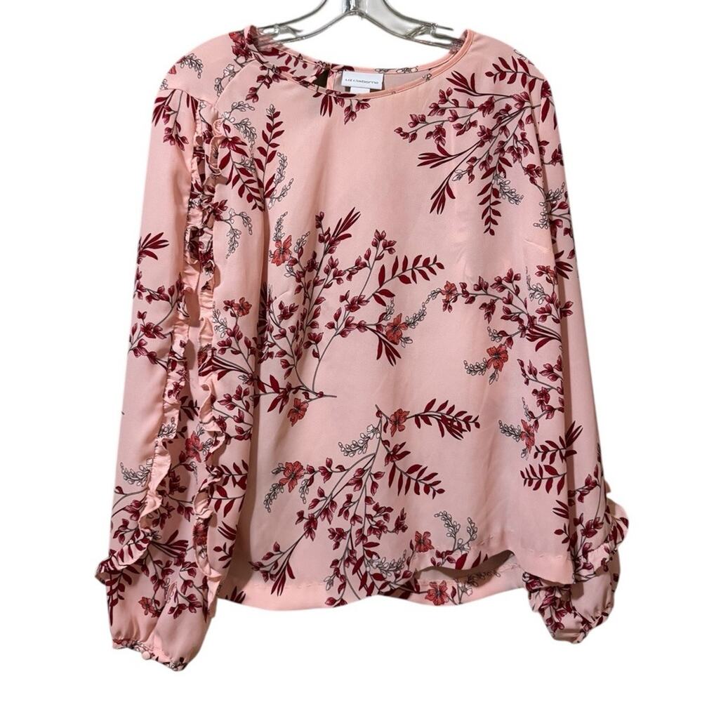 Liz Claiborne Women Size Medium Long Sleeve Pink Red Ruffle Sleeve Keyhole Back